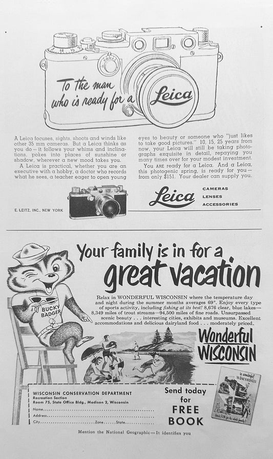 1953 Leica Camera  + Bucky Badger's Wisconsin Magazine Ad