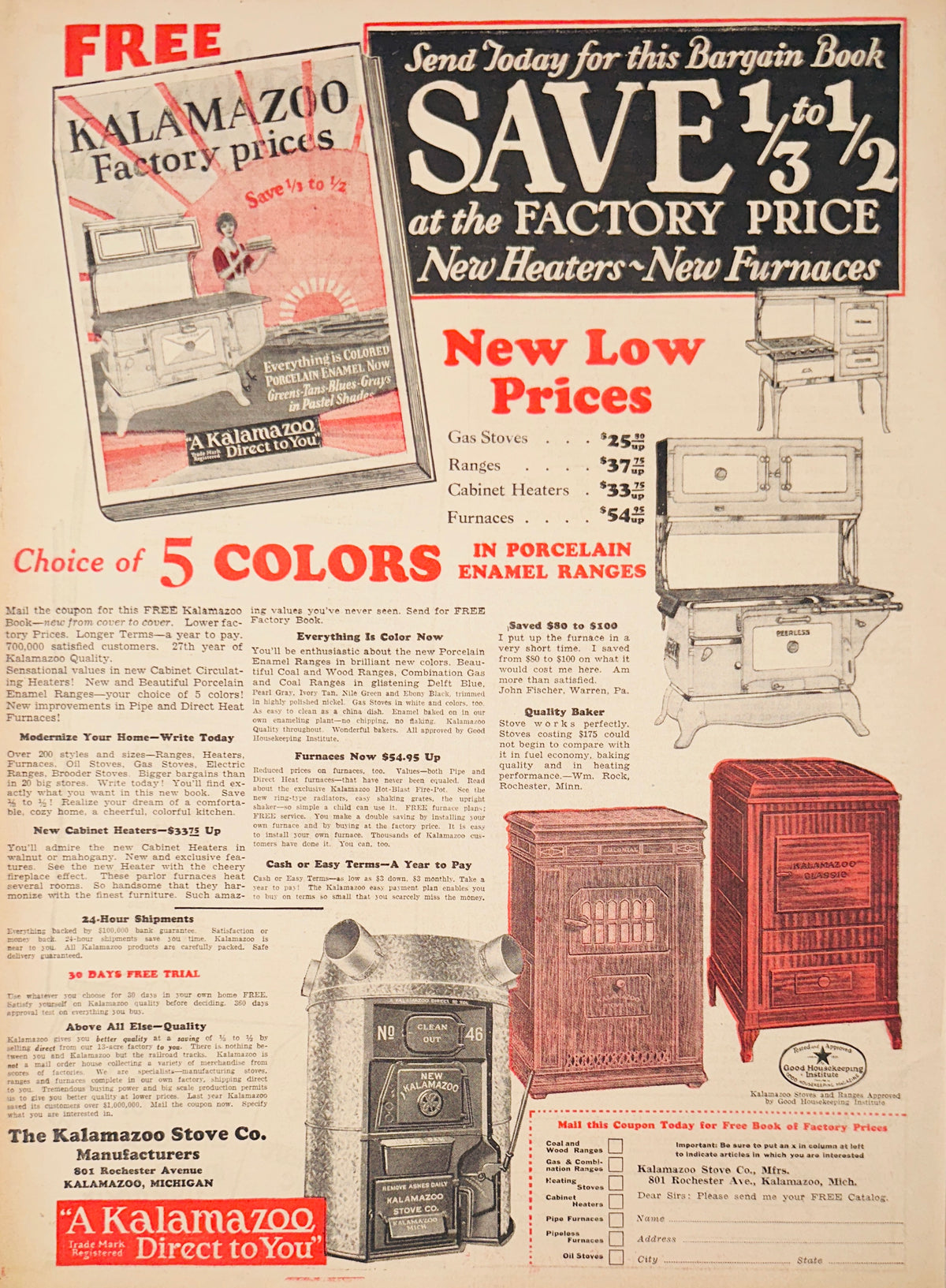 1928 Kalamazoo Factory Prices! Ranges and Home Furnaces Ad #2375