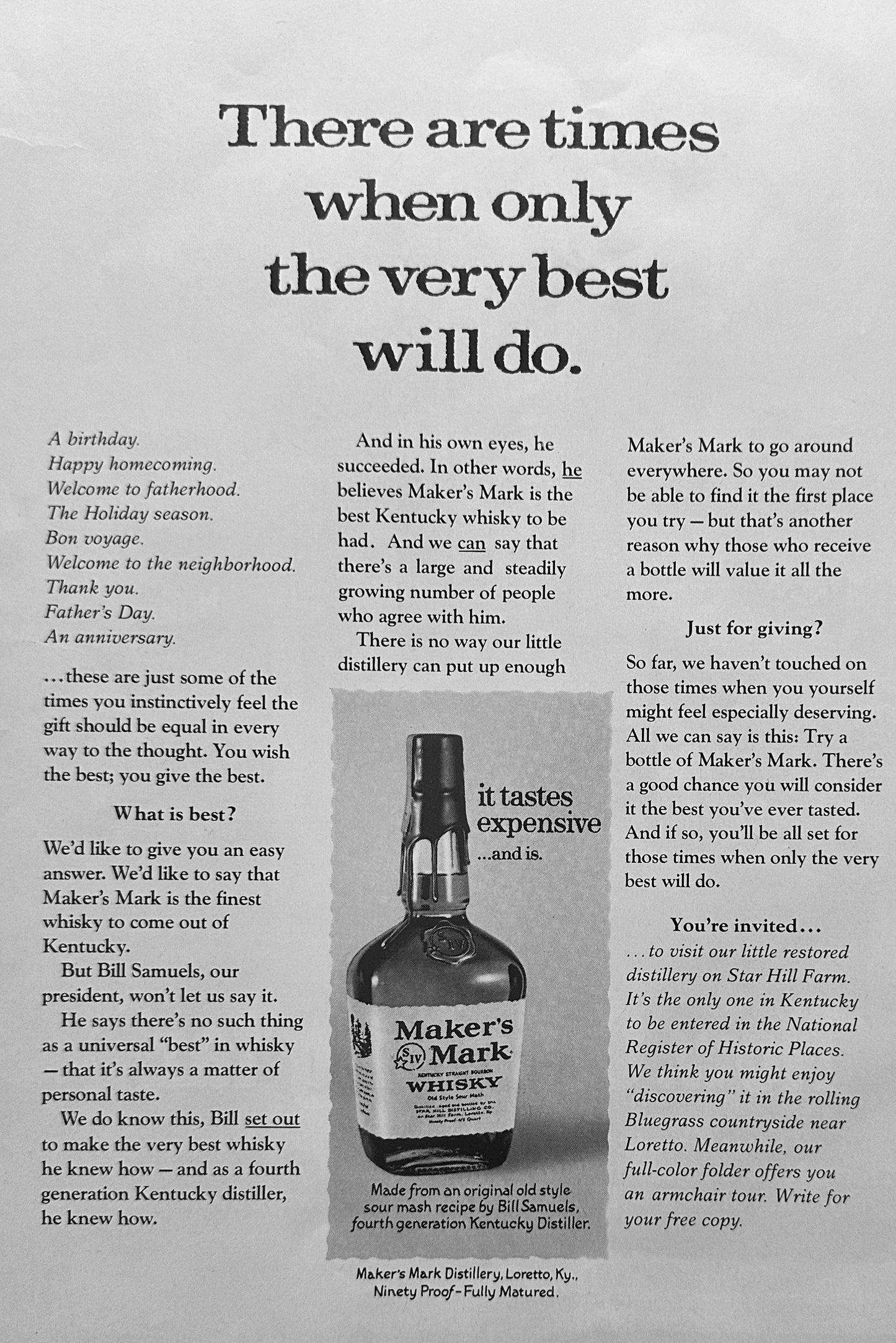 1976 Makers Mark Whiskey Ninety Proof Hey Bartender! Magazine Ad