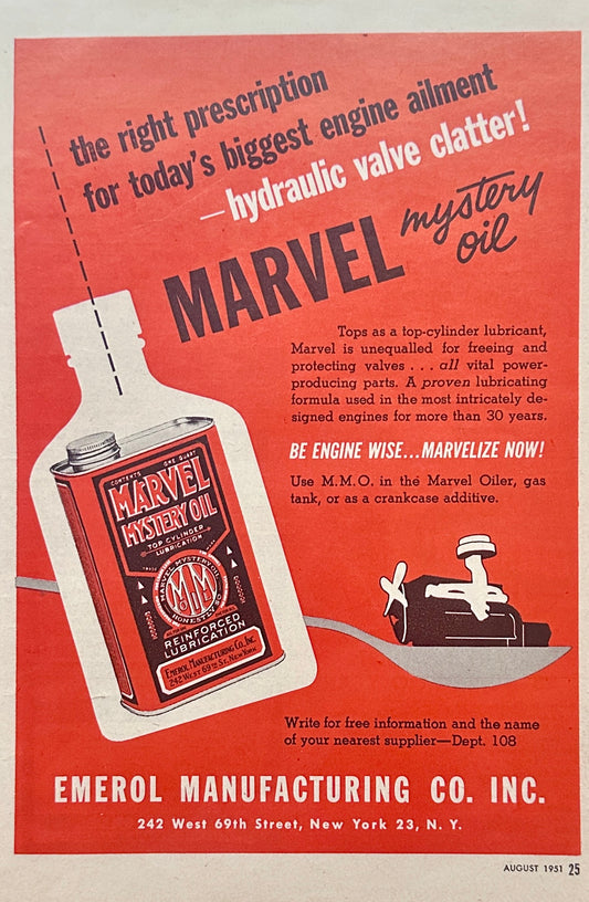 1951 Marvel Mystery Oil Reduces Hydraulic Valve Chatter Promo Ad