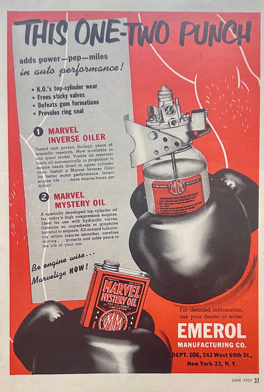 1952 Marvel Mystery Oil for Improved Engine Performance Magazine Ad