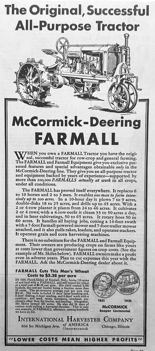 1931 McCormick-Deering Farmall Tractor Ad N627