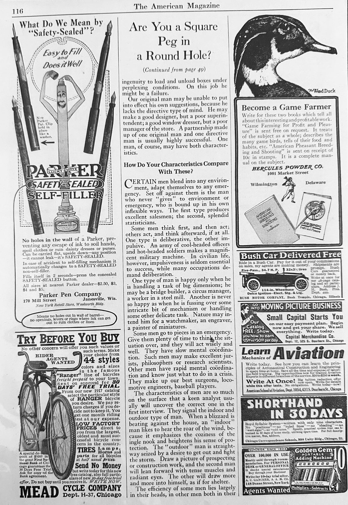 1917 Vintage Ad Page w/Parker Pen & Columbia Bicycles Ad #N1601