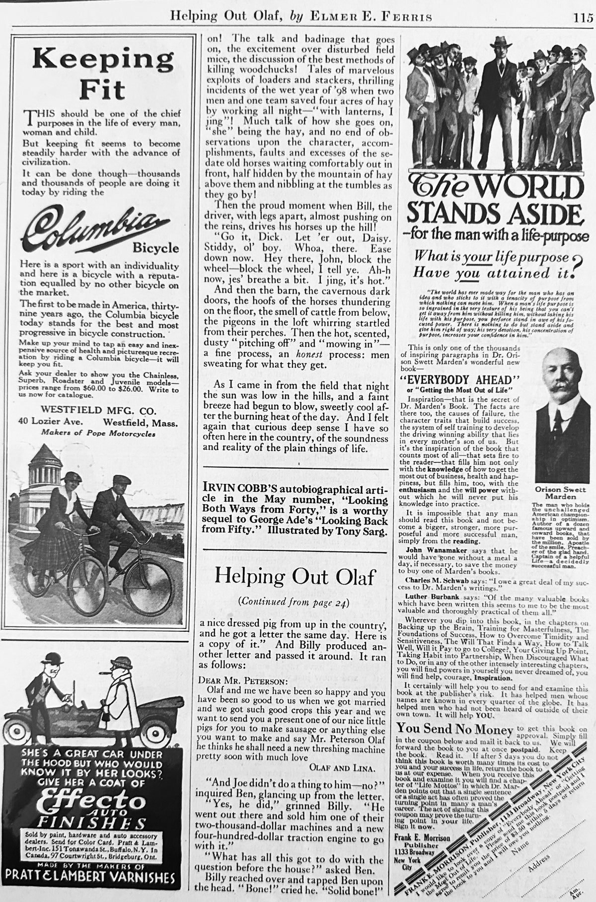 1917 Vintage Ad Page w/Parker Pen & Columbia Bicycles Ad #N1601