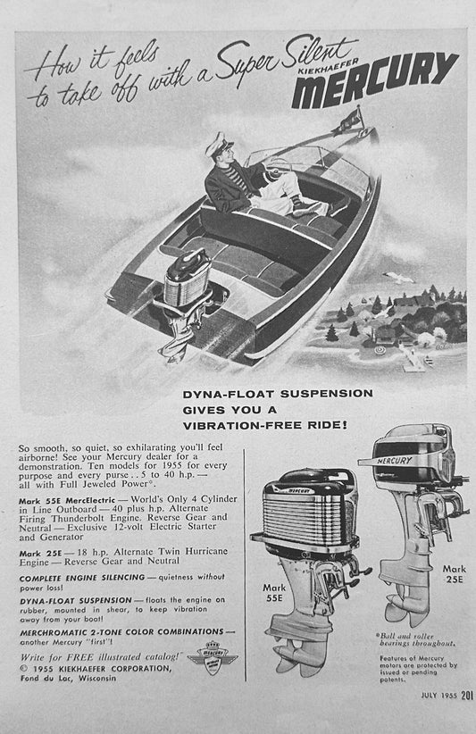 1955 Kiekhaefer Mercury Mark 25 e & Mark 55E Outboard Motors Vintage Ad