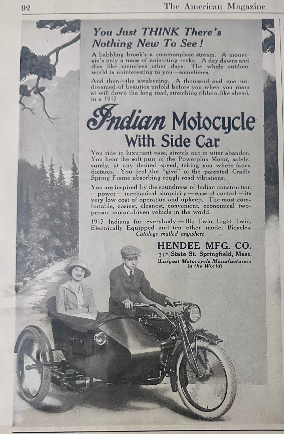 1917 Indian Motorcycle with Side Car Hendee MFG Co Ad #N1600