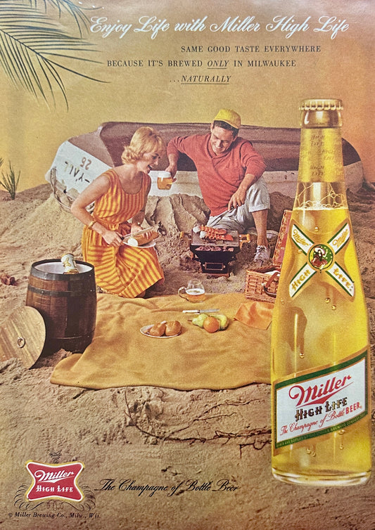 1960 Miller High Life Picnic on the Beach + Mansfield Clippers Shoes Vintage Ad