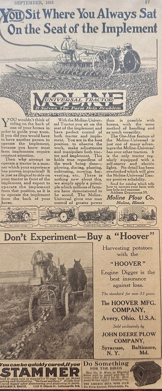 1918 Moline and Hoover Farm Equipment Ad N670