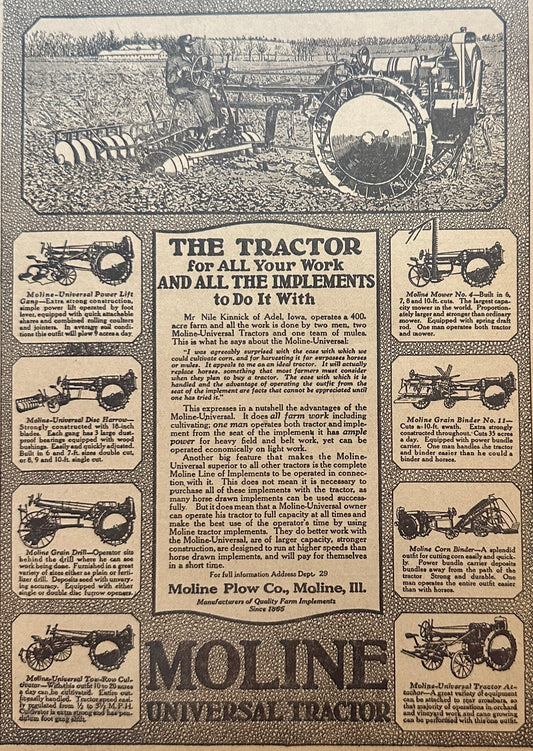 1910 - 1919 Moline Universal Tractor + 9 Implements Magazine Ad