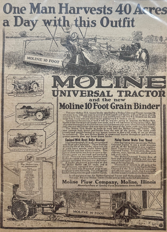 1919 Moline Universal Tractor 1 Man Harvests 40 Acres Magazine Ad N668