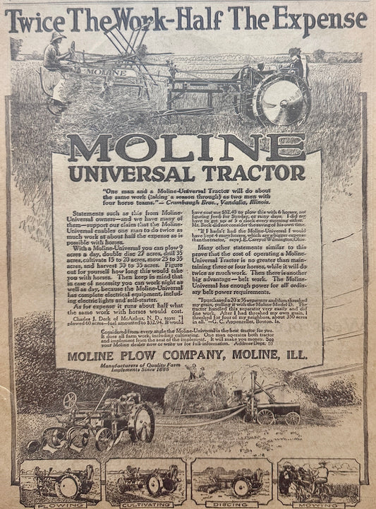 1919 Moline Universal Tractor + Reliance Work Shirts Magazine Ad N667