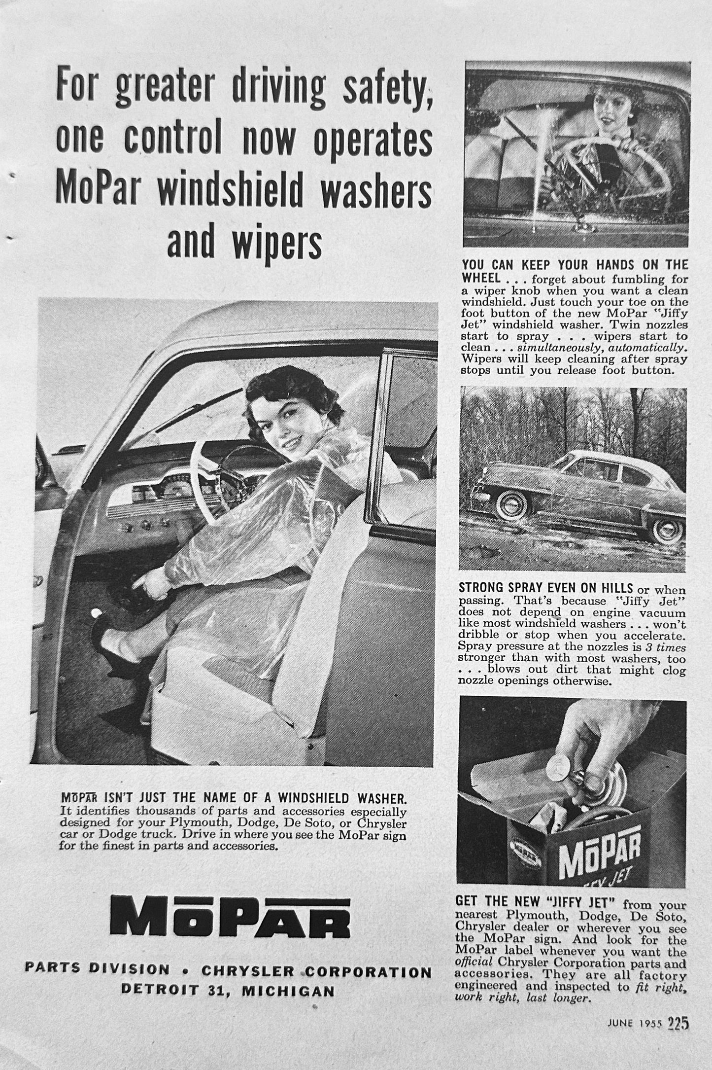 1955 MOPAR One Control Windshield Washer & Wipers Magazine ad