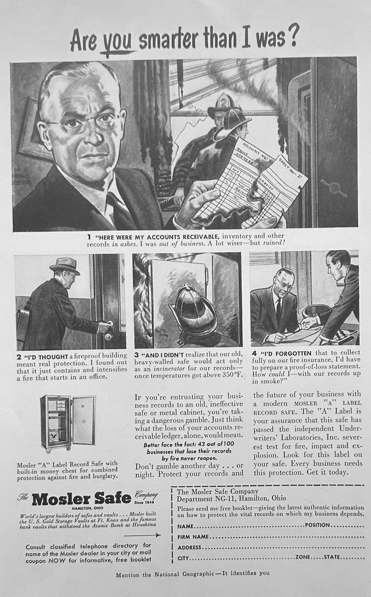 1951 Mosler Safe Fireproof UL Rated Against Fire, Impact and Explosion Ad