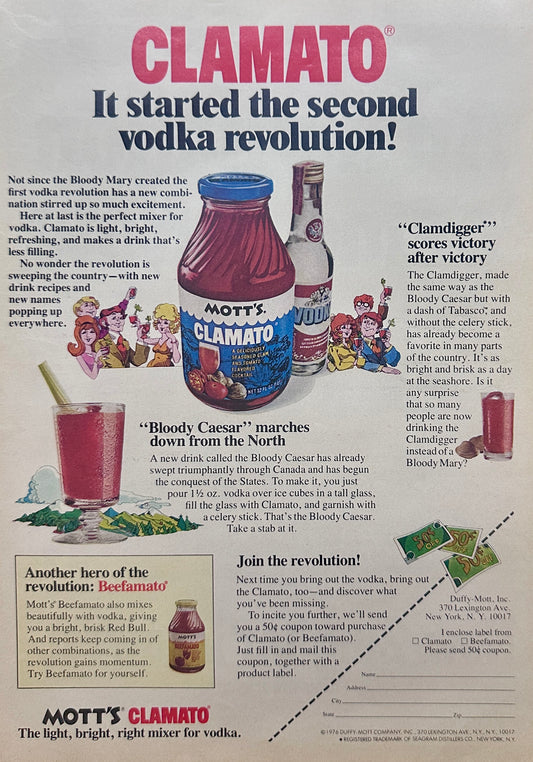 1976 Mott's Clamato Juice "Bloody Caesar" & Clamdigger Mixed Drinks Ad