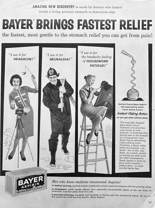 1959 Bayer Aspirin Brings Fastest Relief Magazine Ad