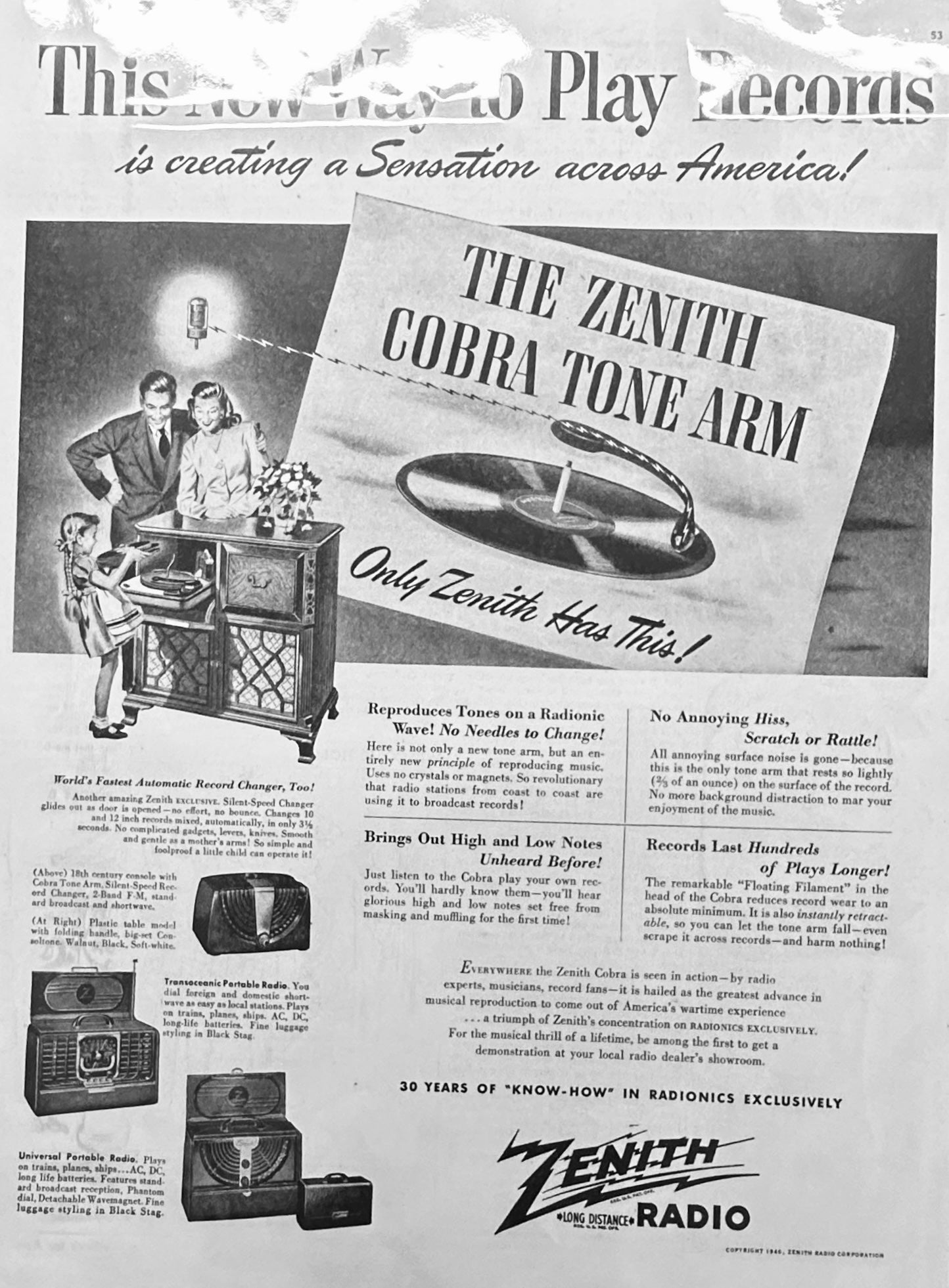 1946 Zenith Cobra Tone Arm Zenith Radios & Phonographs Vintage Ad