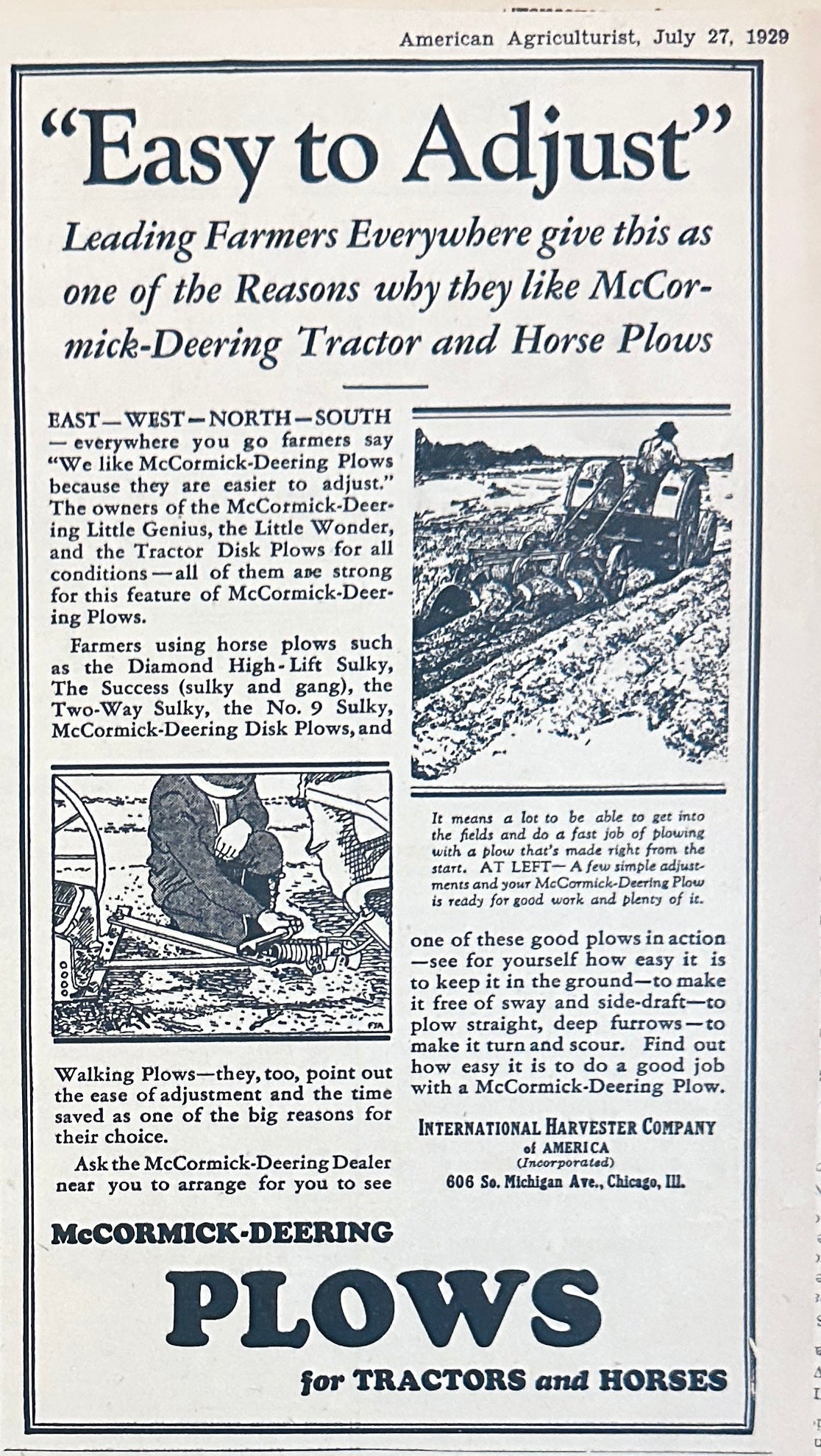 1929 Easy to Adjust Plows McCormick-Deering for Tractors & Horses Ad #2406