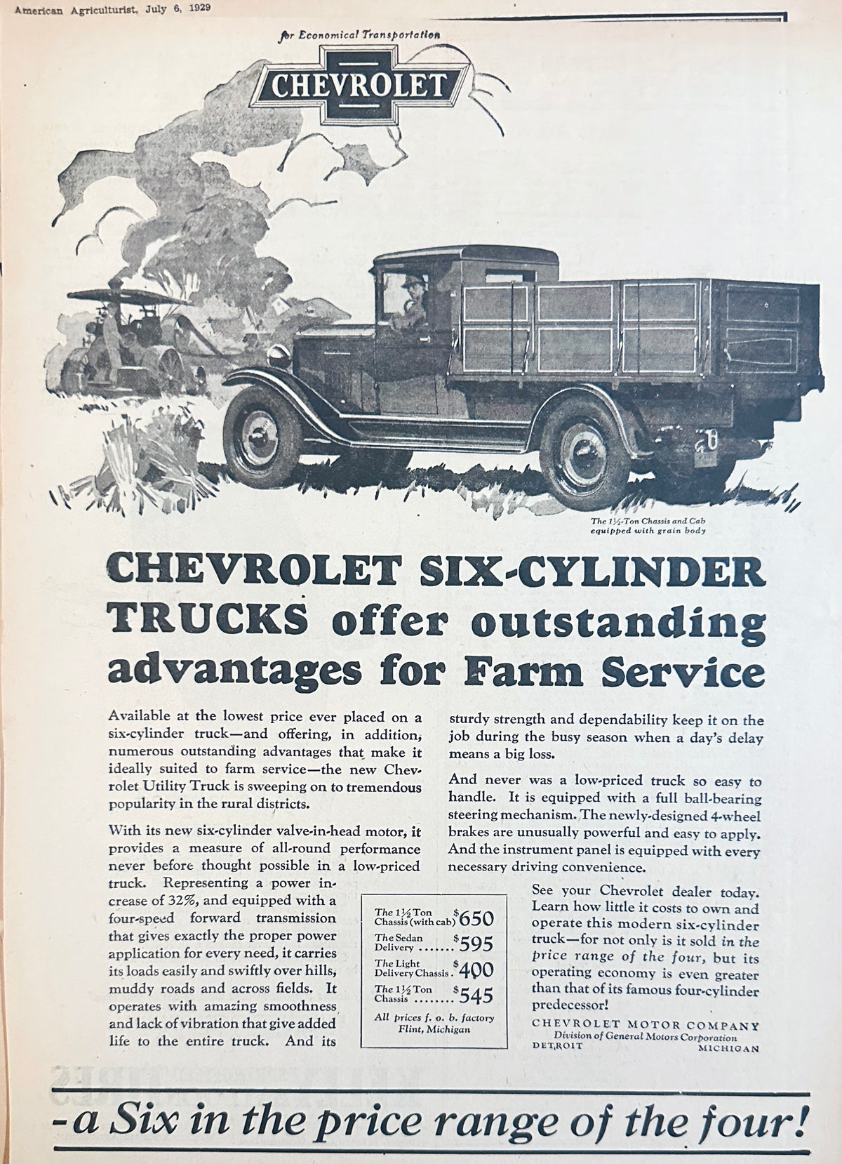 1929 Chevrolets 6-Cyclinder Trucks for Farm Service Ad #2413