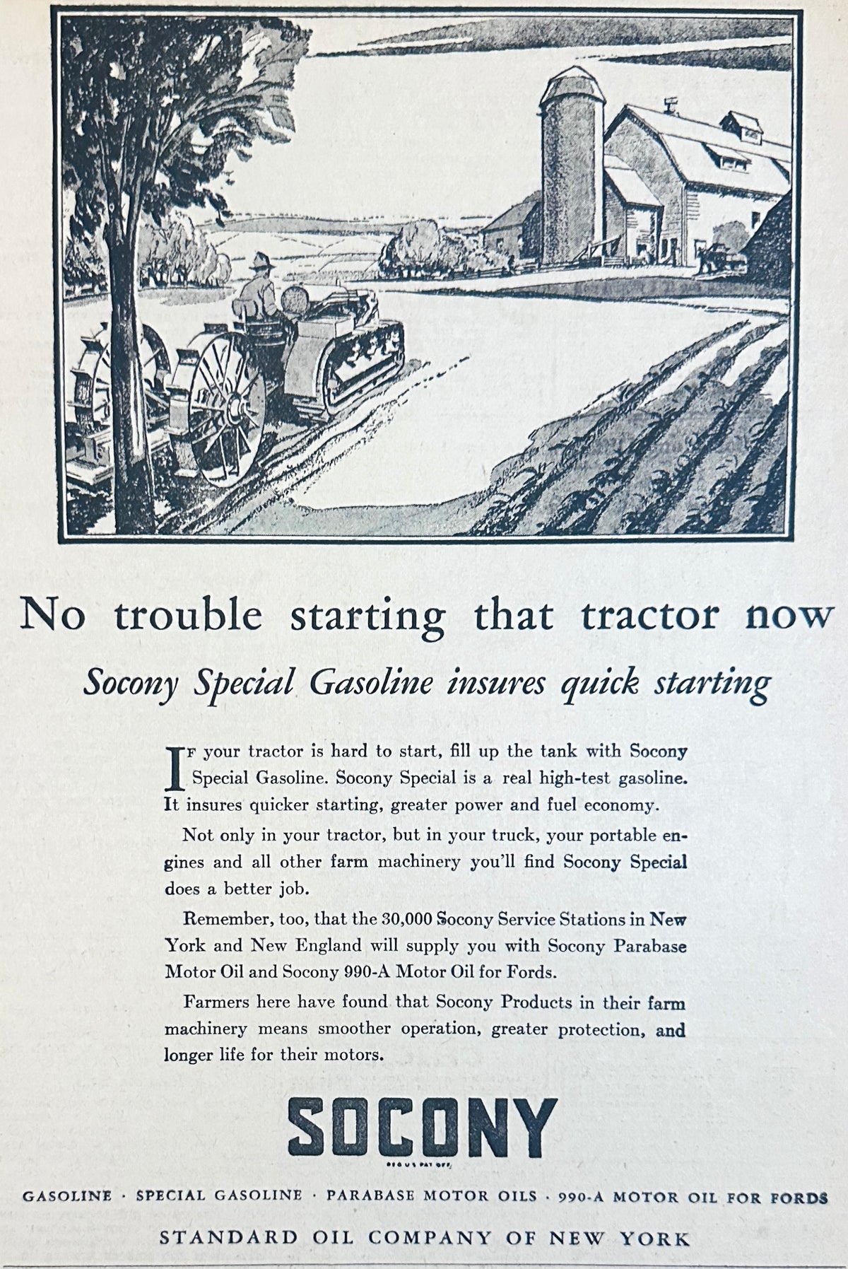 1929 SOCONY No Trouble Starting That Tractor Now Ad #2414