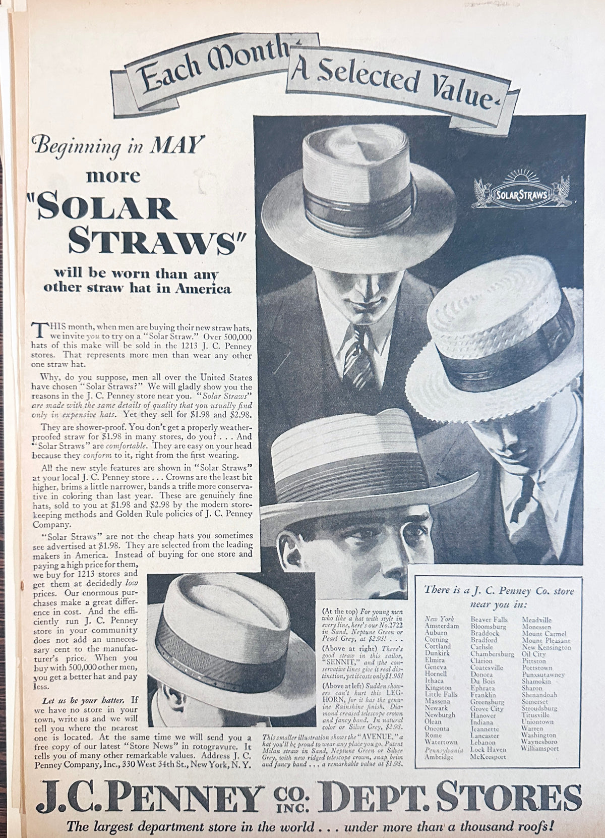 1929 Starting in May More Solar Straw Hats will be Worn Ad #2421