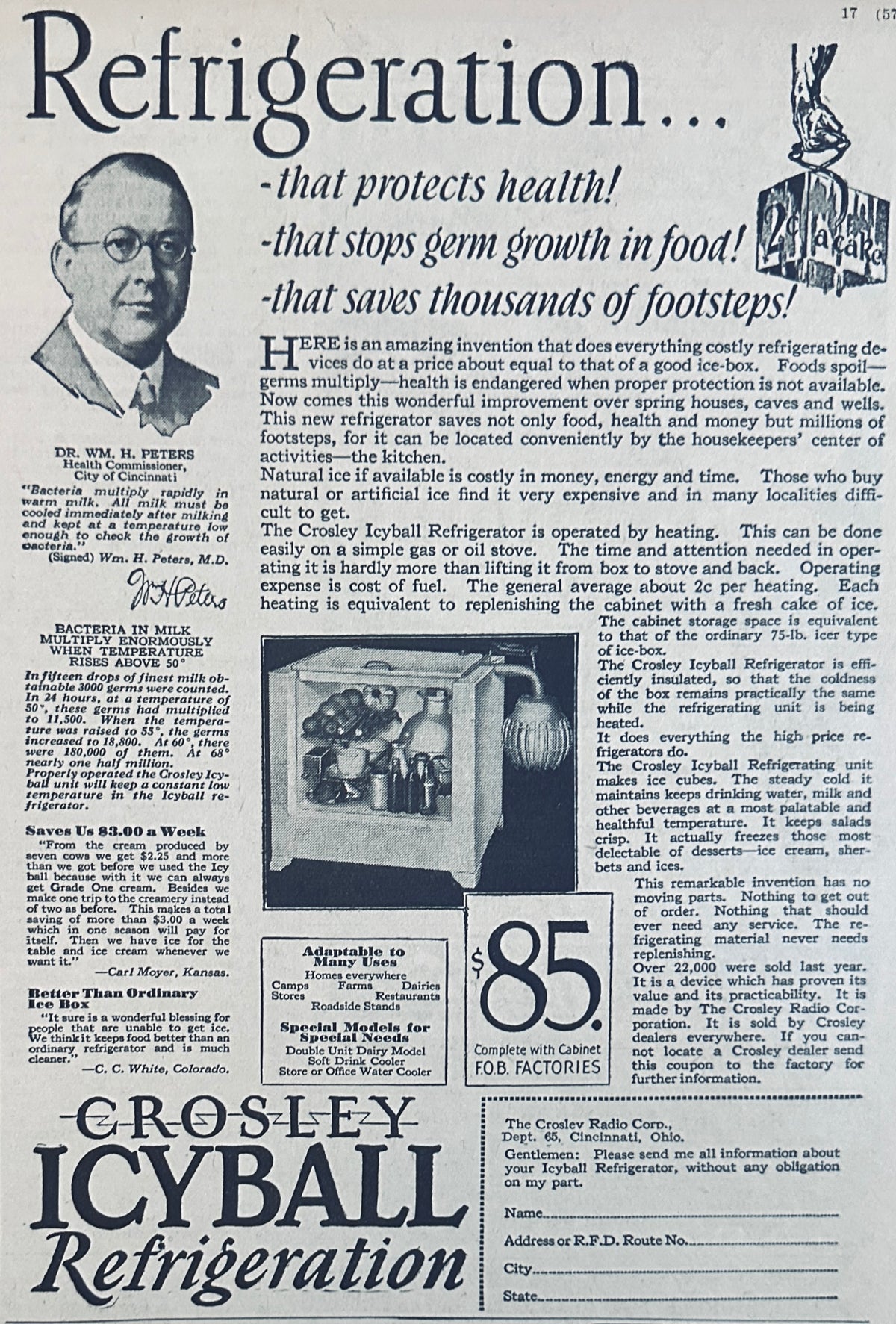 1929 Crosley ICYBALL Refrigeration Ad #2422