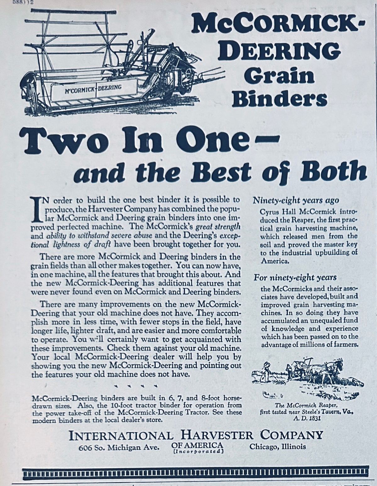 1929 McCormick-Deering Grain Binders Two in One Ad #2427