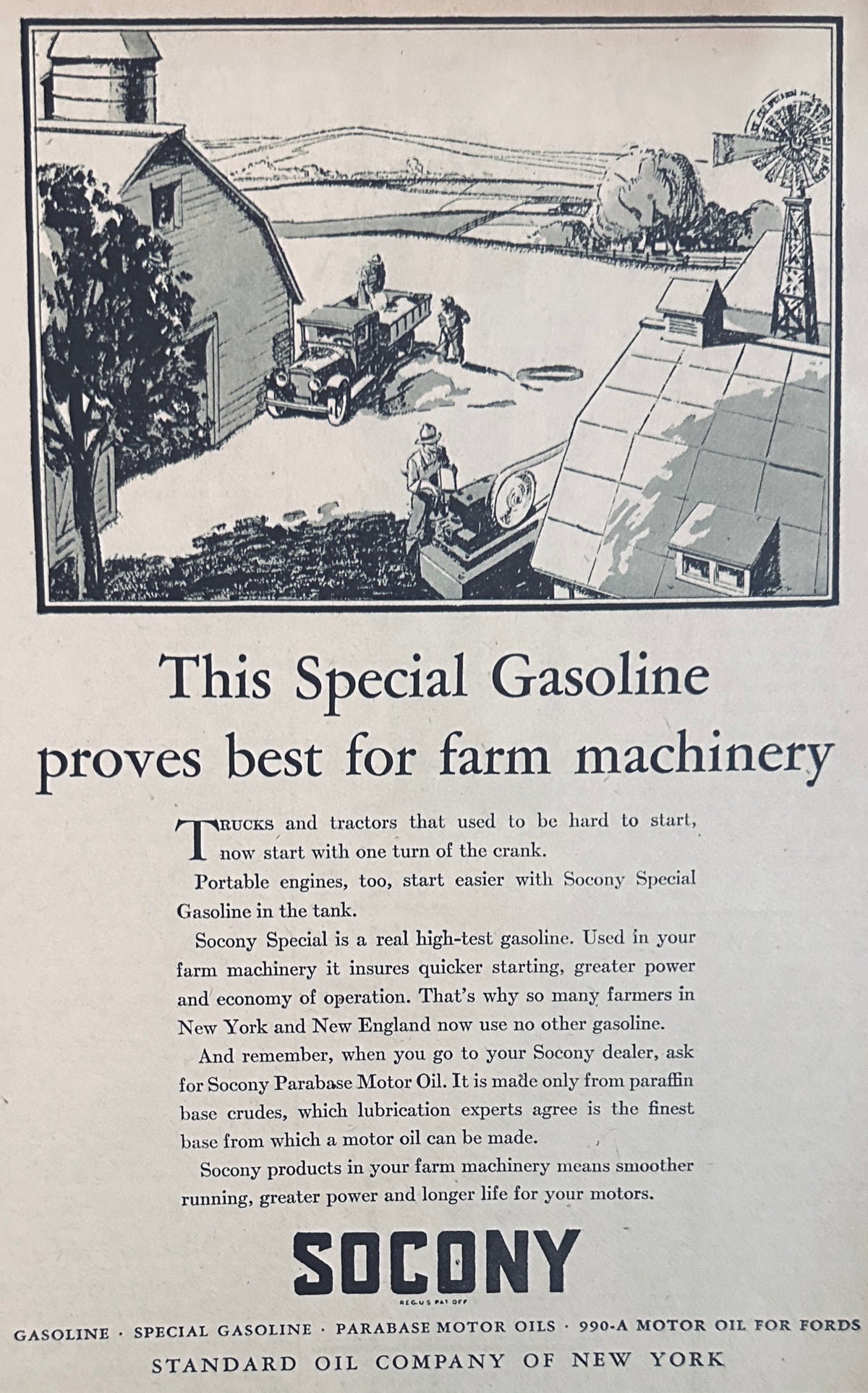 1929 SOCONY This Special Gasoline Proves Best For Farm Equipment Ad #2428