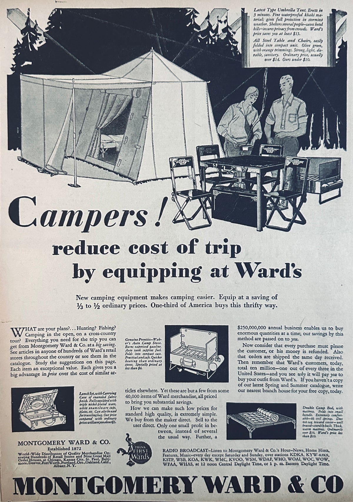 1929 Early Camping Equipment Ad Products from Montgomery Wards, Tents, Camp Stoves Ad#2433