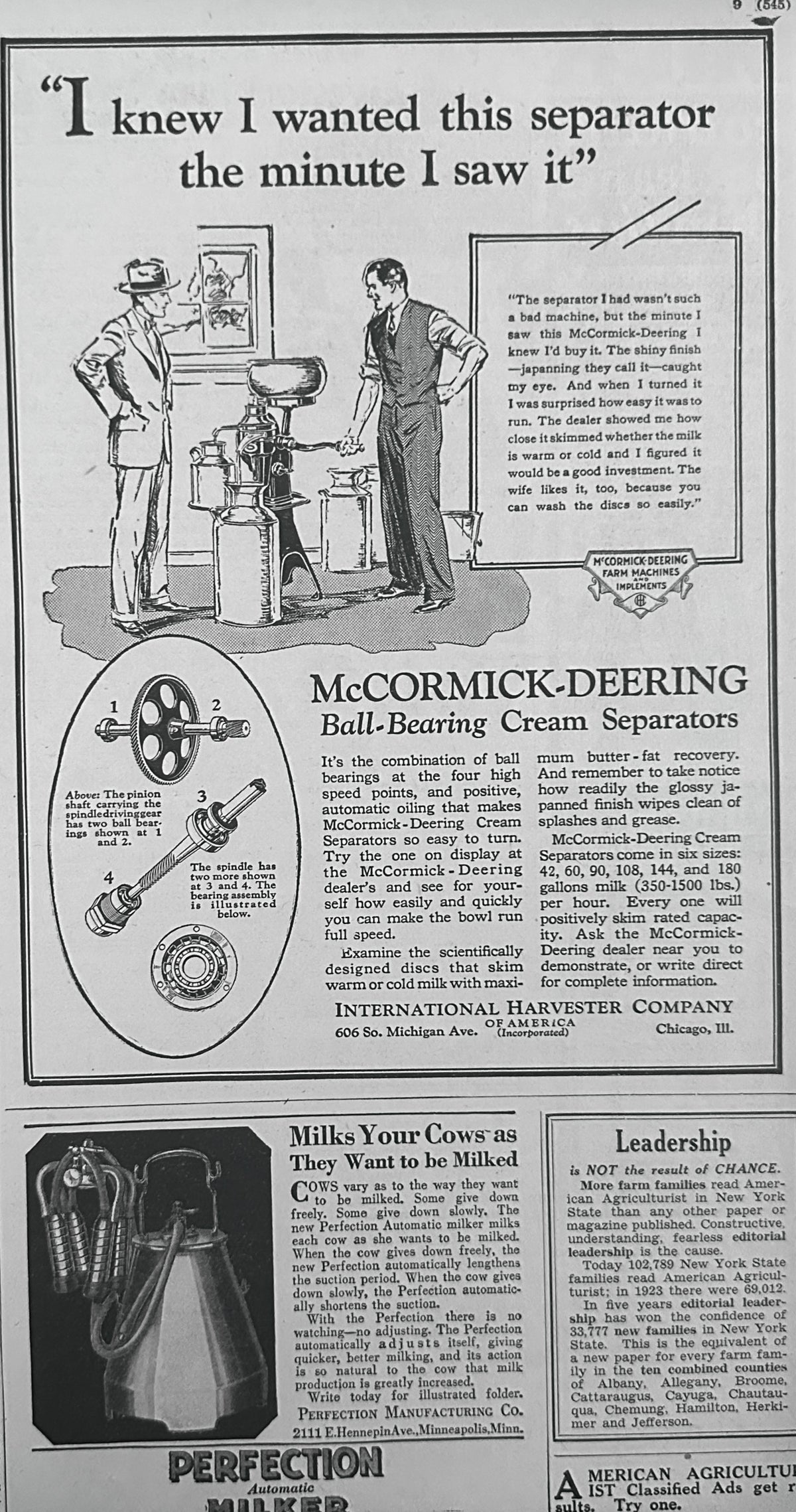 1929 McCormick-Deering Ball Bearing Cream Separator Ad #2436