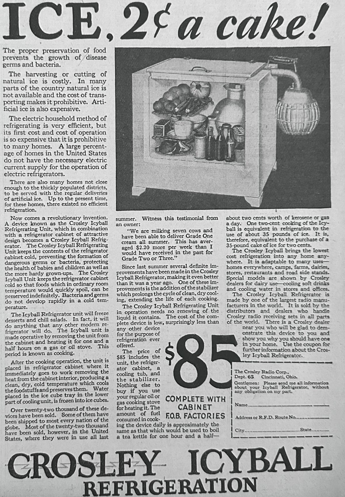 1929 Crosley ICYBALL Refrigeration Ad #2438