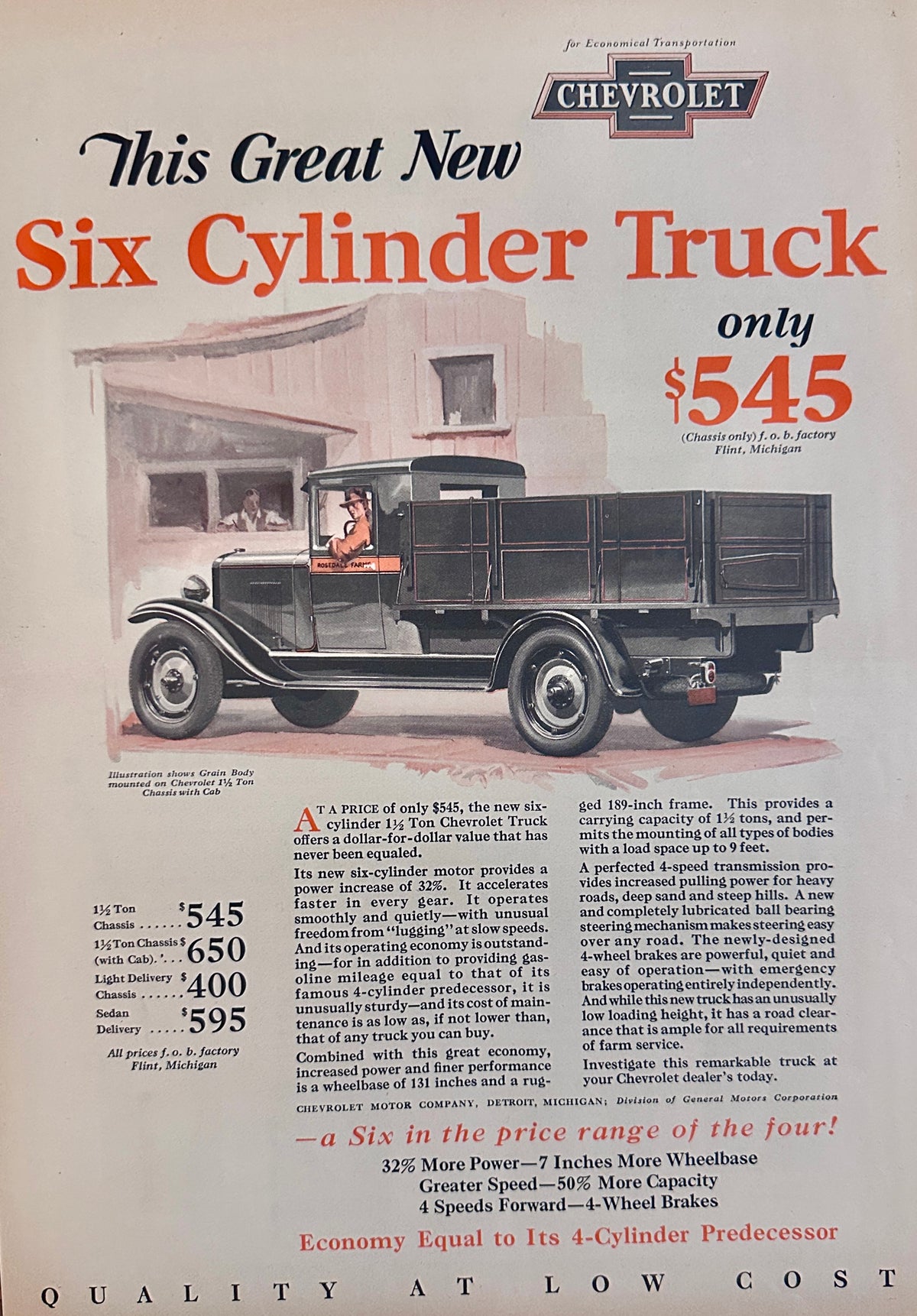 1929 Chevrolets 6-Cyclinder Trucks for Farm Service Colorized Ad #2440