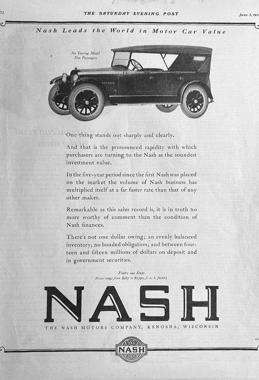 1922 NASH Motor Car 6 Touring 5-Passenger Model Magazine Ad #536