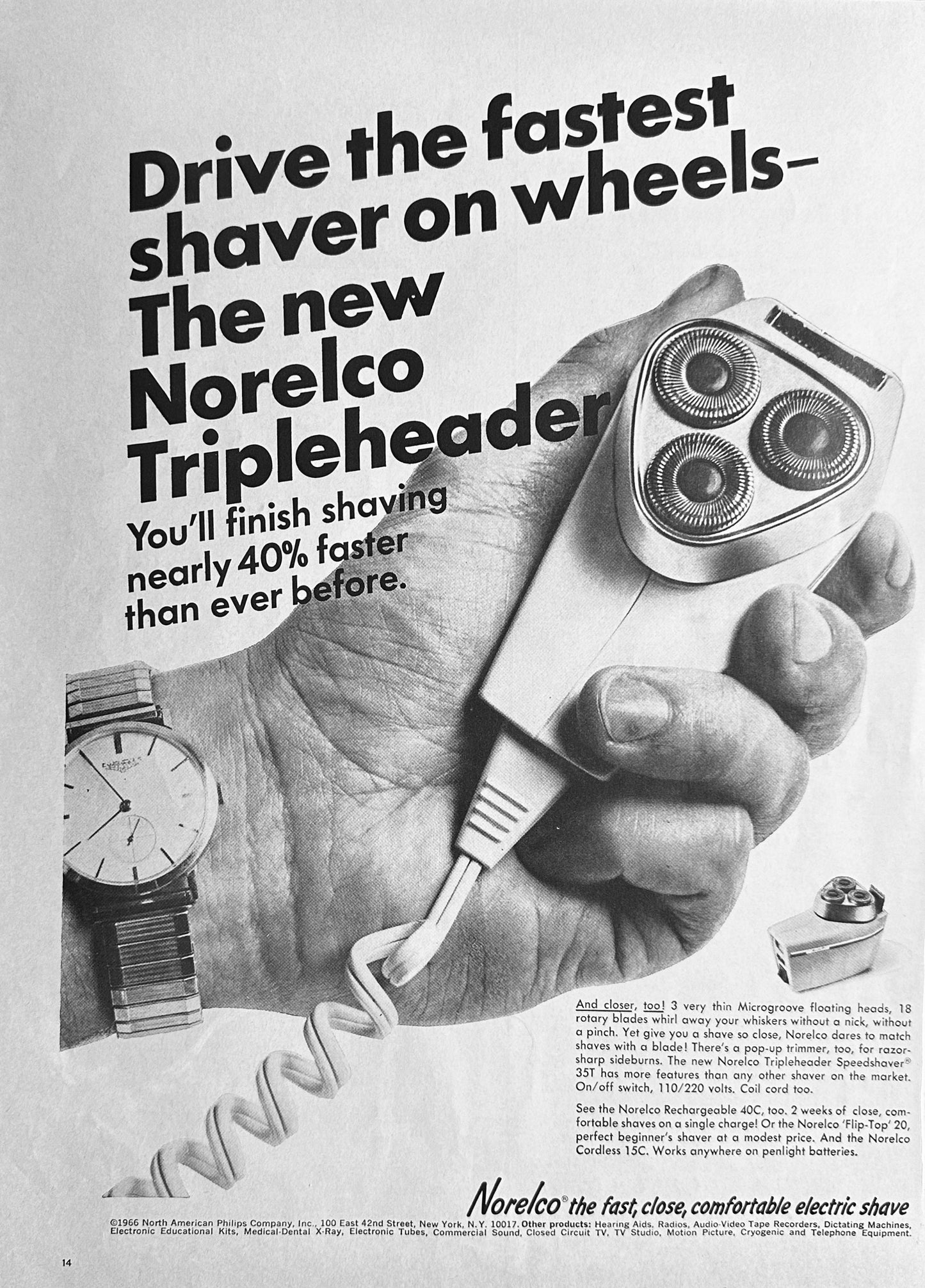 1966 Norelco 3 Head Electric Shaver Magazine Ad