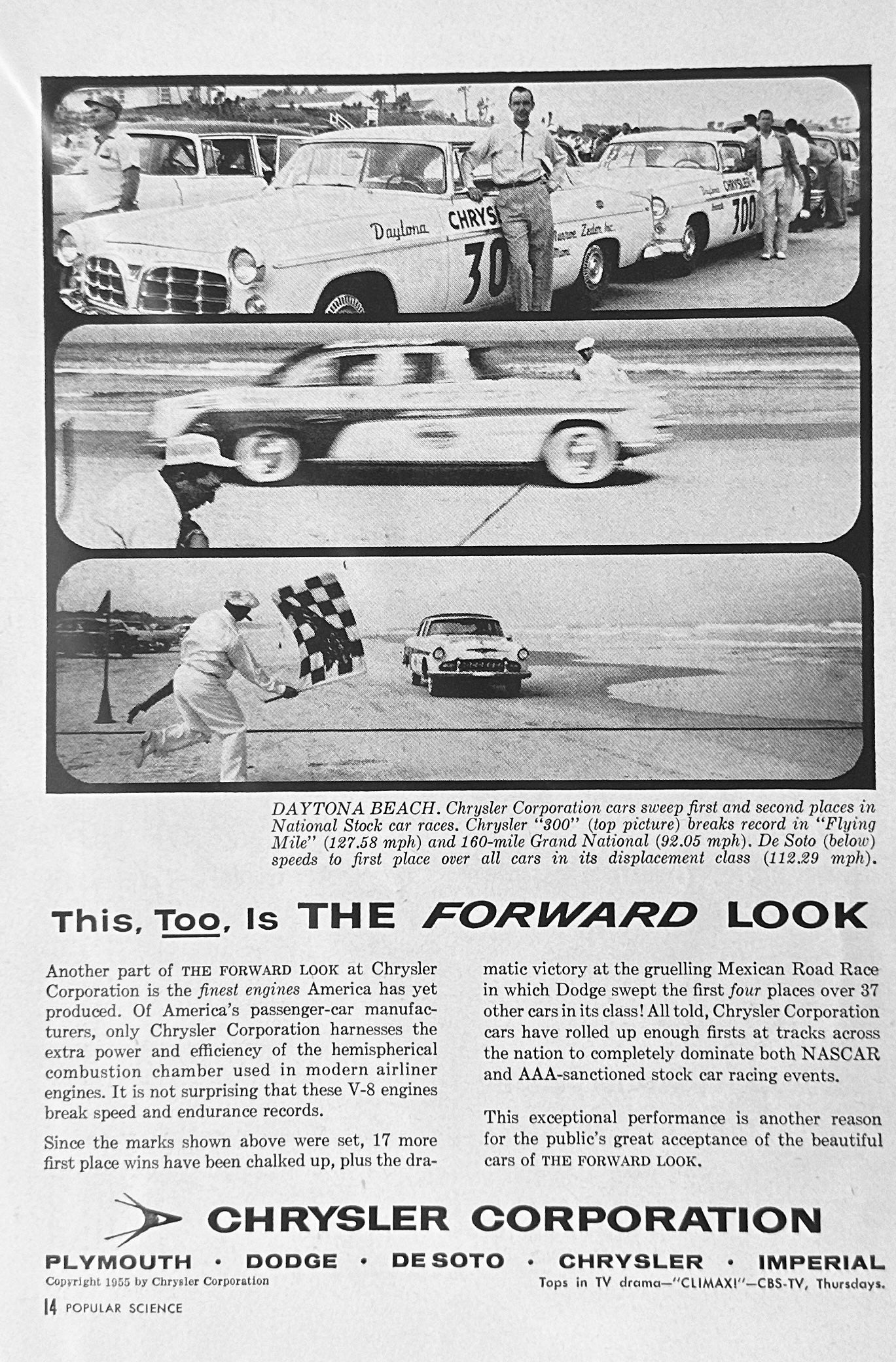 1955 Chrysler 300 NASCAR - Daytona Beach - Desota takes First Place Magazine Ad