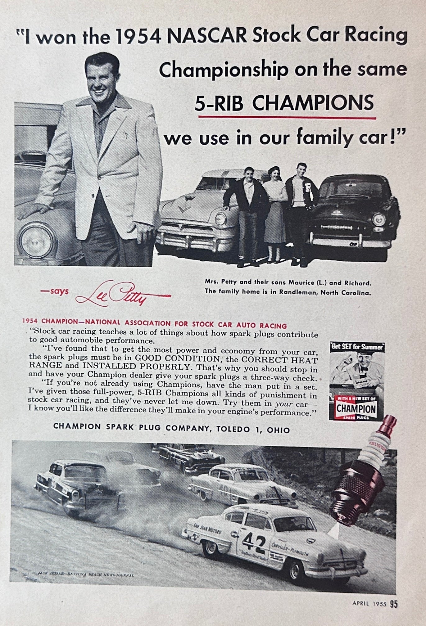 1955 NASCAR Lee Petty Champion Sparkplug Ad