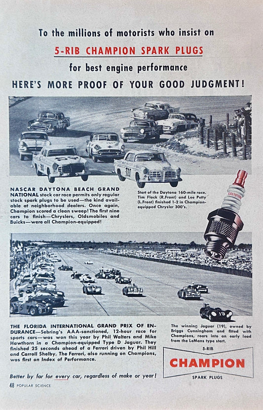 1955 Daytona NASCAR and Florida Grand Prix & Champion Spark Plugs Ad