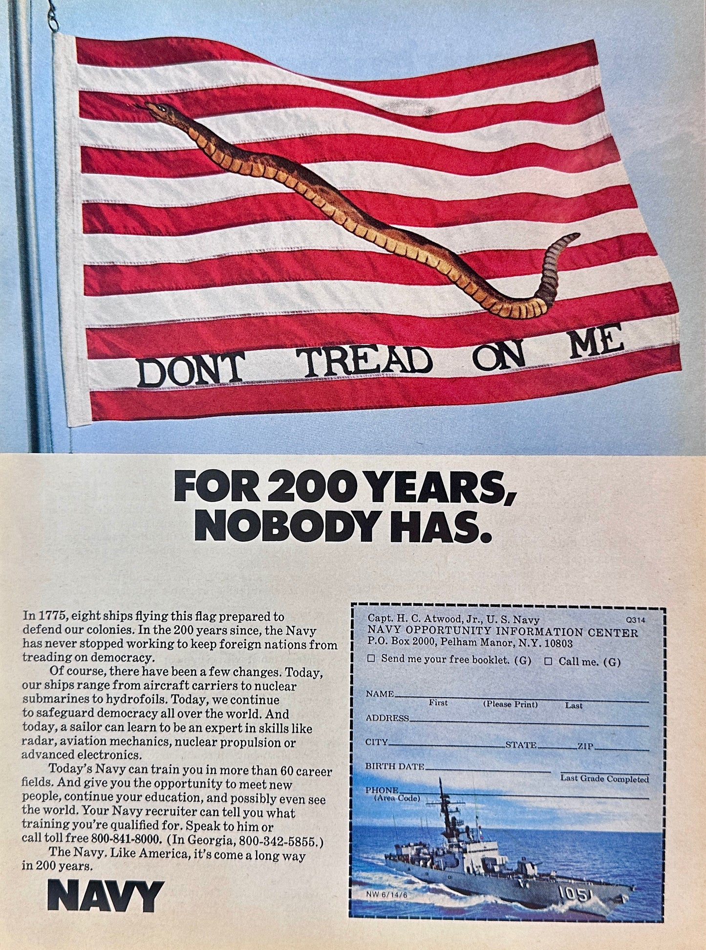 1975 Navy Recruitment Ad - Don't Tread On Me - Protect the Constitution