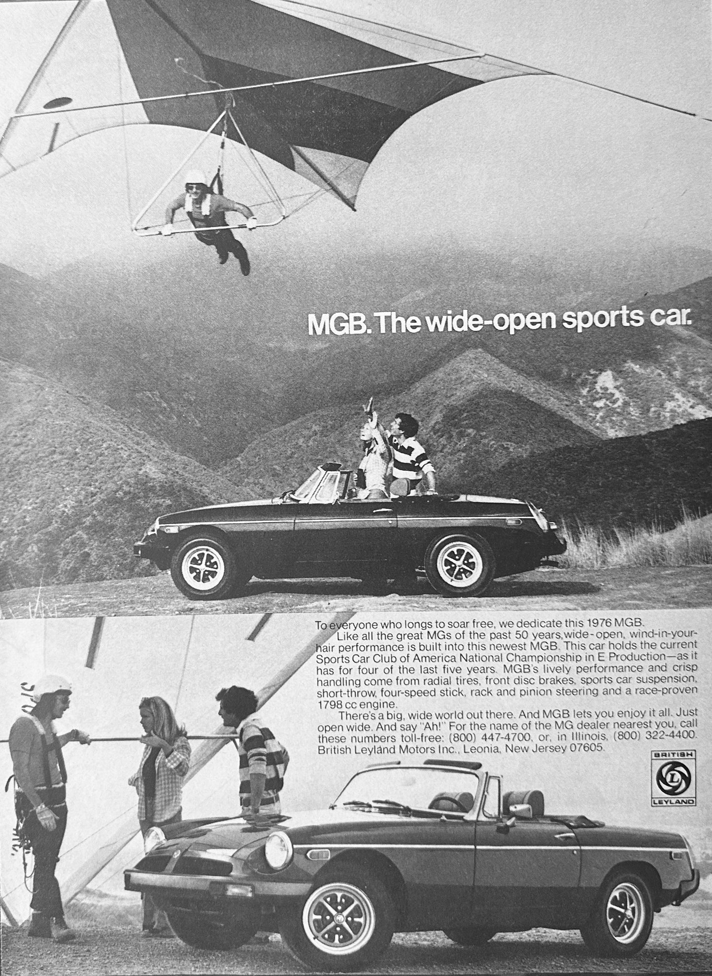 1976 MG MGB Black and White Hang Glider Ad