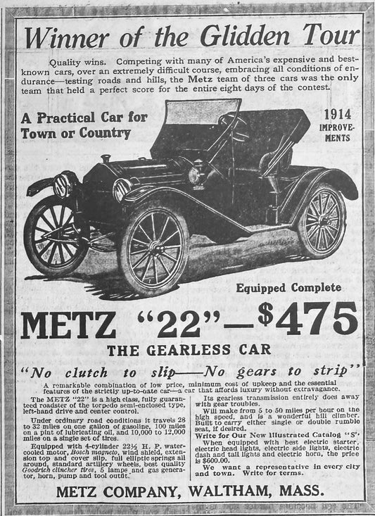 1913 Metz - Winner of the Glidden Tour - Waltham, Ma Vintage Ad