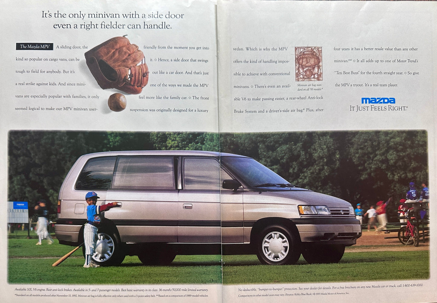 1993 Mazda MPV Minivan 2-Page Magazine Ad - Baseball Player