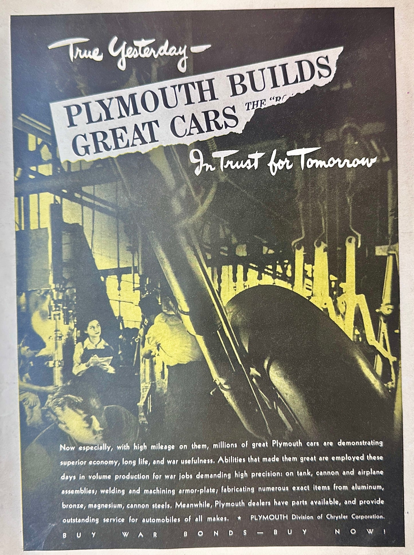 1944 Plymouth WWII Era Promotional Ad - Buy War Bonds