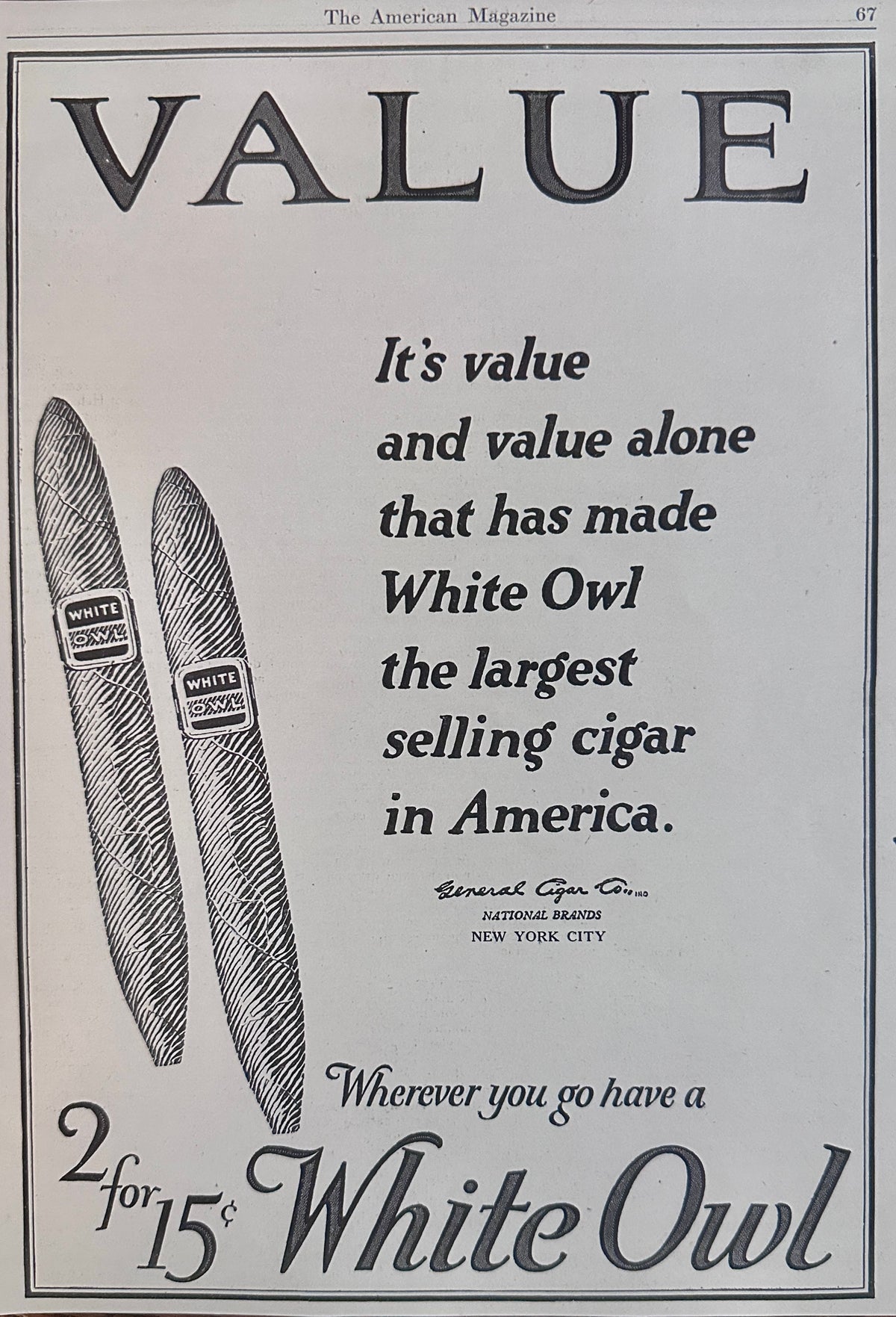 1923 White Owl Cigars - General Cigar Co., Inc - Value #N1627