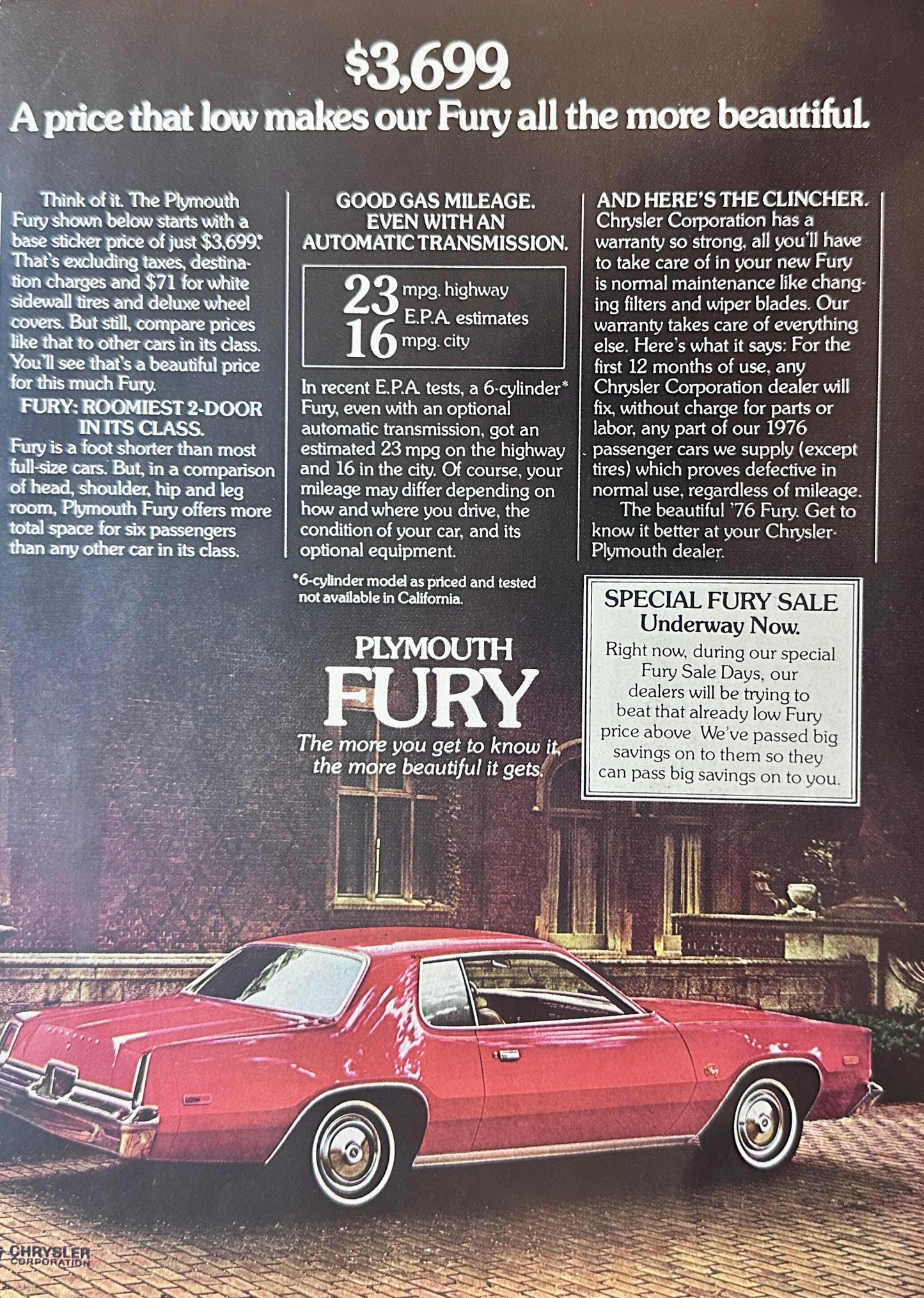 1976 Plymouth Fire Red Fury Magazine Ad