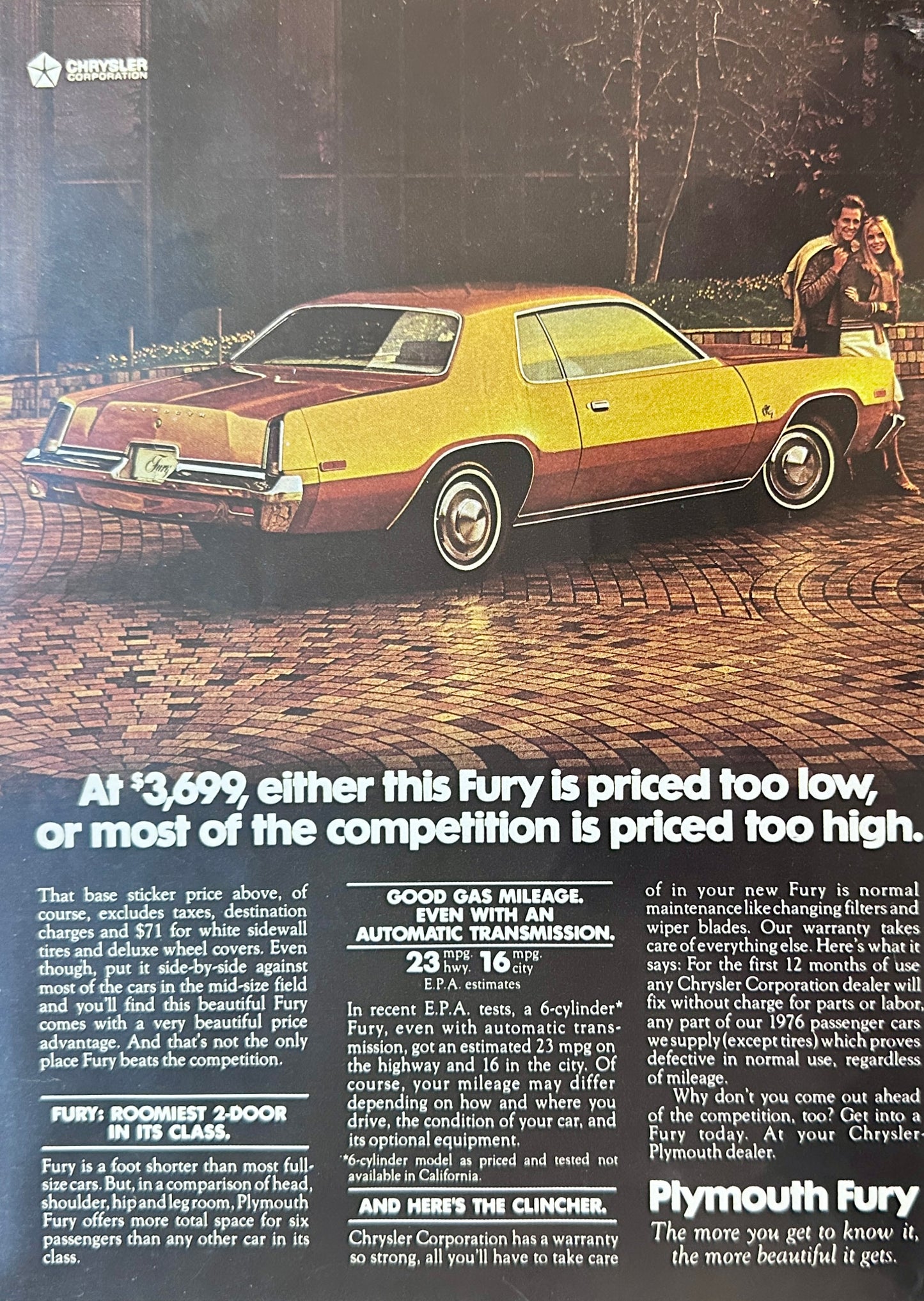 1976 Gold Plymouth Fury on Cobblestone Parkway Magazine Ad