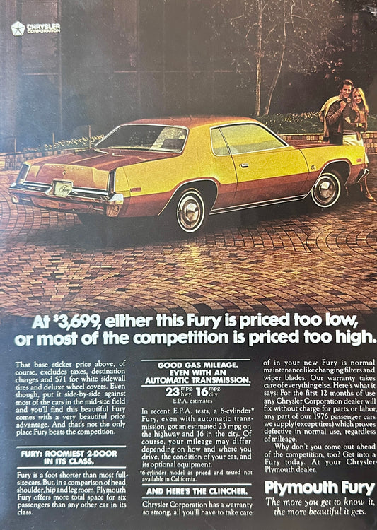 1976 Gold Plymouth Fury on Cobblestone Parkway Magazine Ad