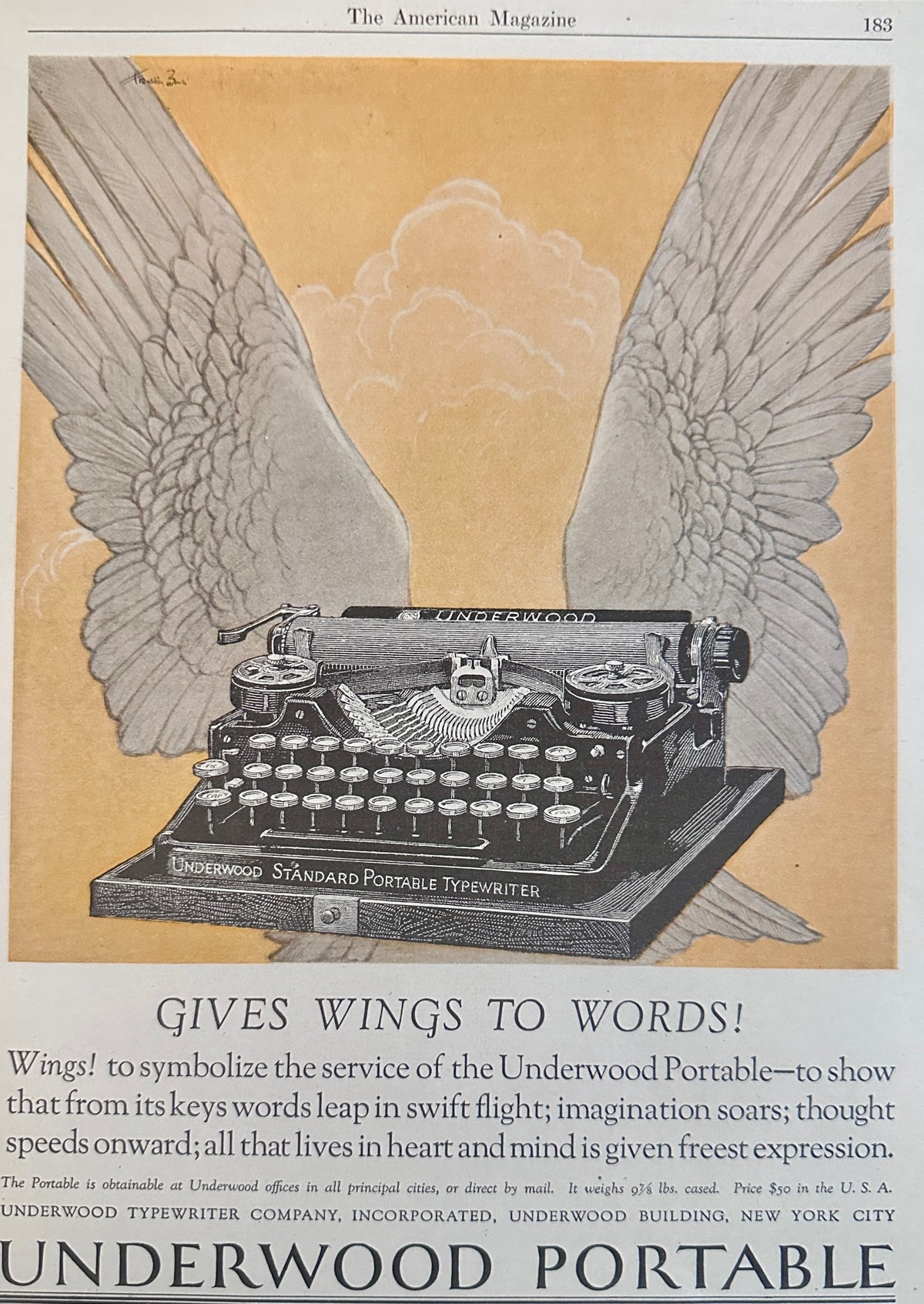 1923 Underwood Portable Typewriter with Standard Keyboard Ad #N1640