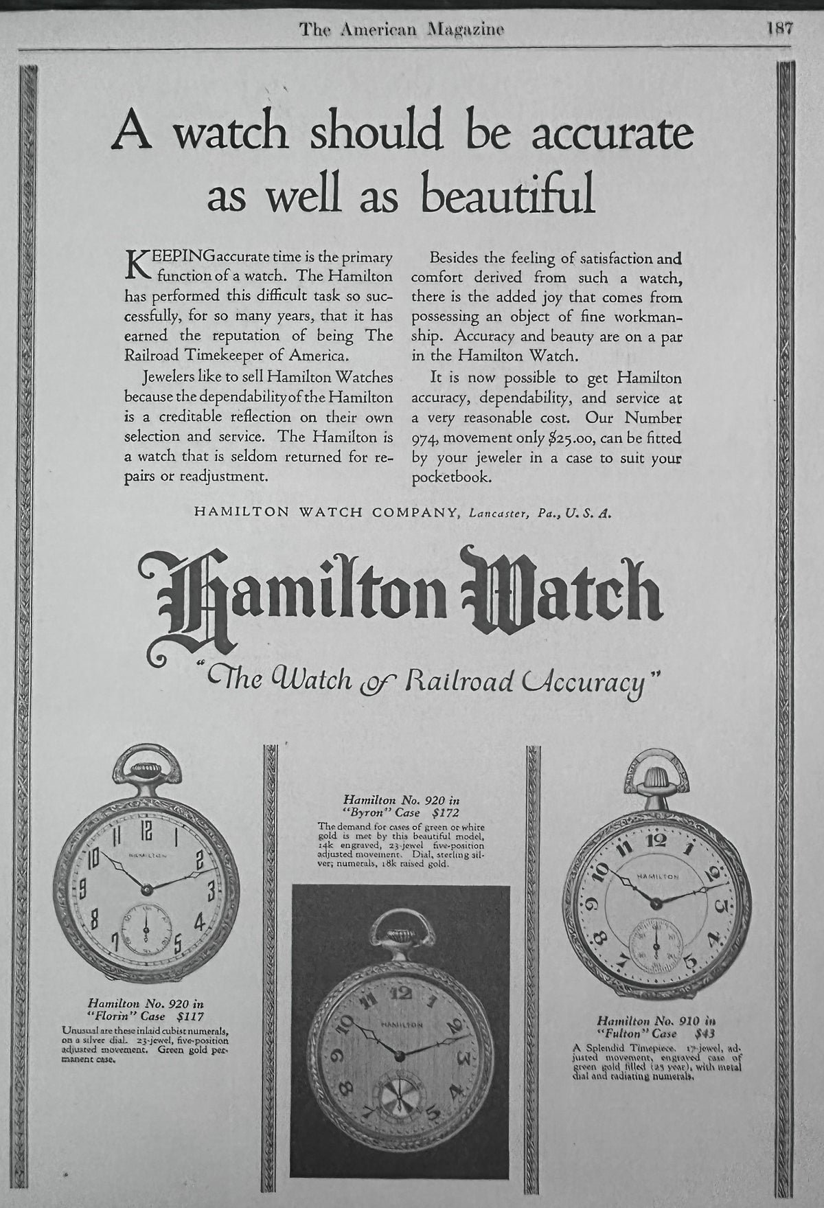1923 Hamilton Watch - Railroad Accuracy - No. 920 & No. 910 Ad #N1641
