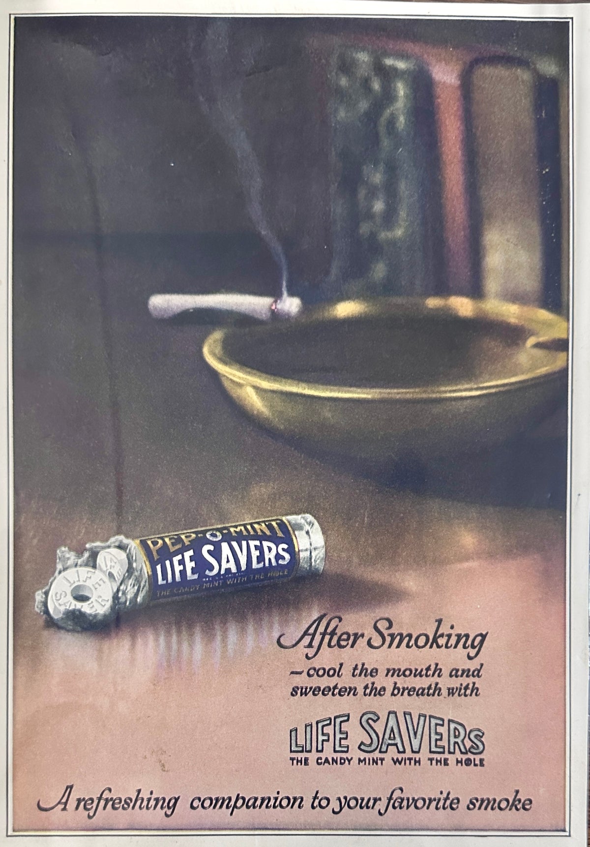 1923 Life Saver Pep-O-Mint Candy After Smoking Colorized Ad #N1644