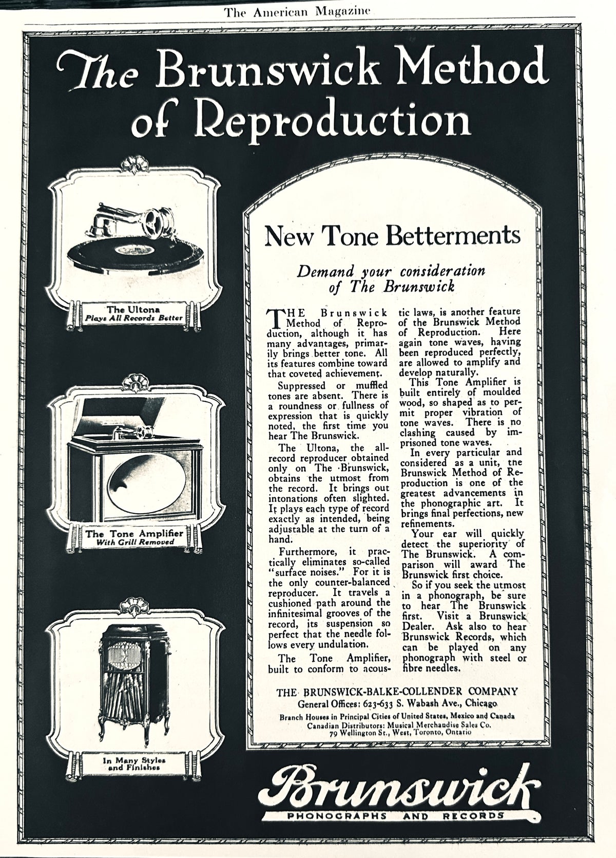 1923 The Brunswick Method of Reproduction Phonographs & Records Ad #N1656