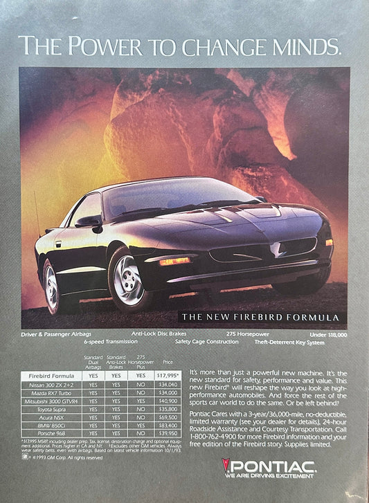 1993 Pontiac Firebird Formula 275HP Sport Coupe with Flip-up Headlights Magazine Ad